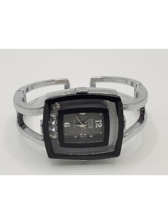 Accessories - Cruise Club Quartz Cuff Band Watch Women 29mm Black Dial Silver Tone New Battery